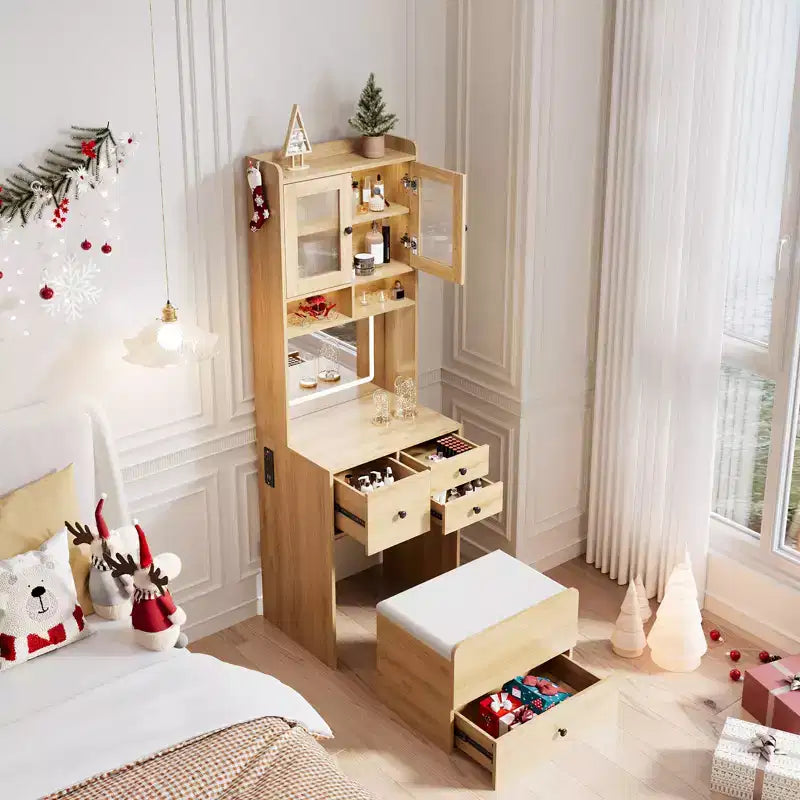 COZONY Toletta 3 in 1, Mobile Trucco Alto con Cassetti Contenitori e Ante in Acrilico, Tavolo da Toeletta con Specchio, Portagioie e Sedia Imbottita