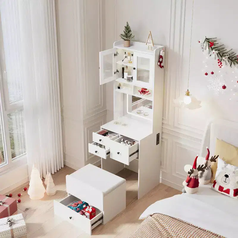COZONY Toletta 3 in 1, Mobile Trucco Alto con Cassetti Contenitori e Ante in Acrilico, Tavolo da Toeletta con Specchio, Portagioie e Sedia Imbottita