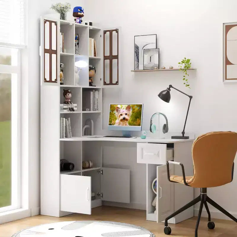 Scrivania angolare a L TUYOHW, Scrivania per computer con libreria e scaffali, Scrivania da studio 2 in 1 con cassetti, armadietti, Scrivania moderna per ufficio, studio