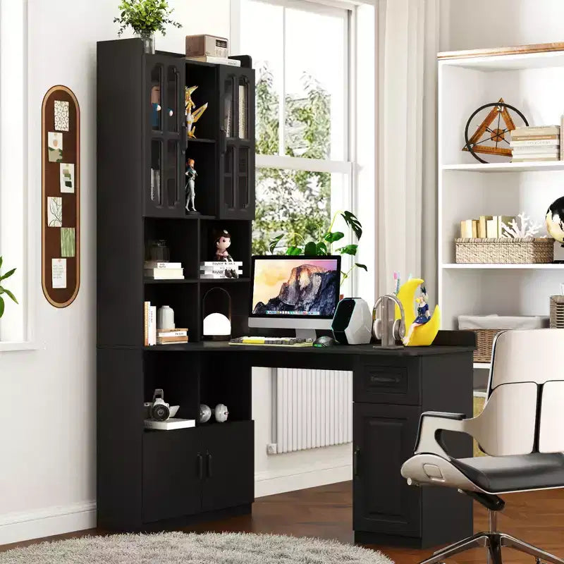 Scrivania angolare a L TUYOHW, Scrivania per computer con libreria e scaffali, Scrivania da studio 2 in 1 con cassetti, armadietti, Scrivania moderna per ufficio, studio