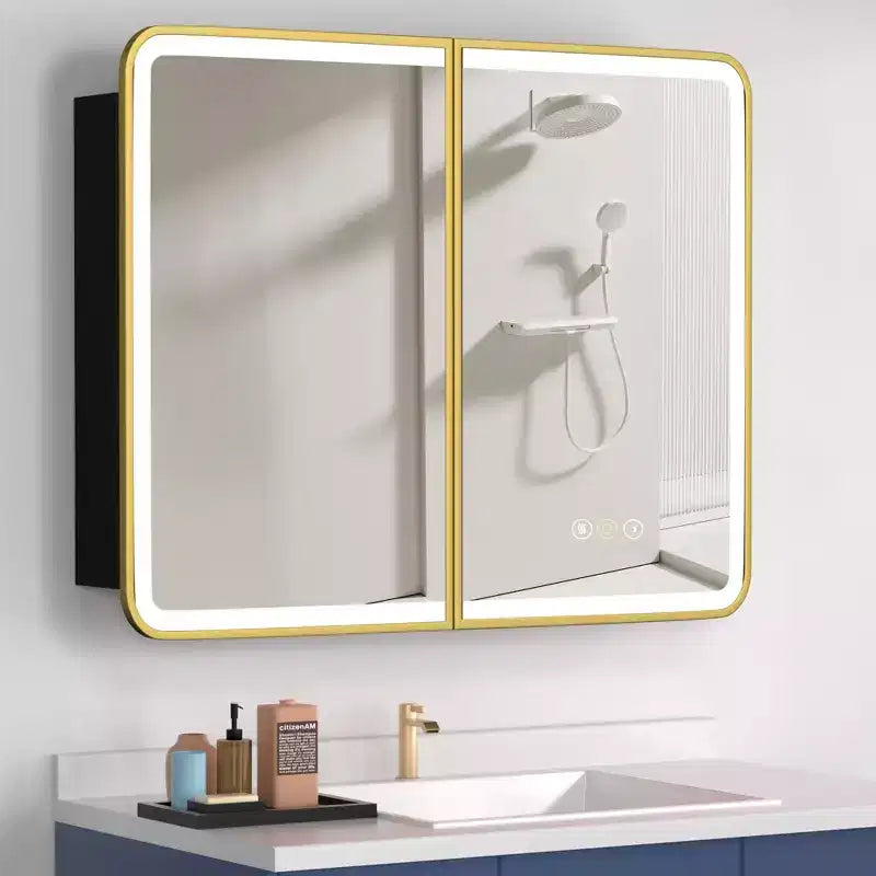 Armadietto dei medicinali a specchio a LED da casa, montaggio a superficie o a incasso, antiappannamento, funzione di memoria, illuminazione a 3 colori, USB e presa, dimmer, ripiano portaoggetti