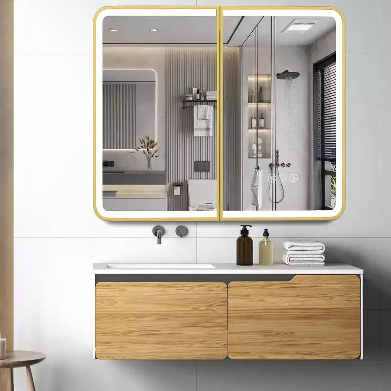 Armadietto dei medicinali a specchio a LED da casa, montaggio a superficie o a incasso, antiappannamento, funzione di memoria, illuminazione a 3 colori, USB e presa, dimmer, ripiano portaoggetti