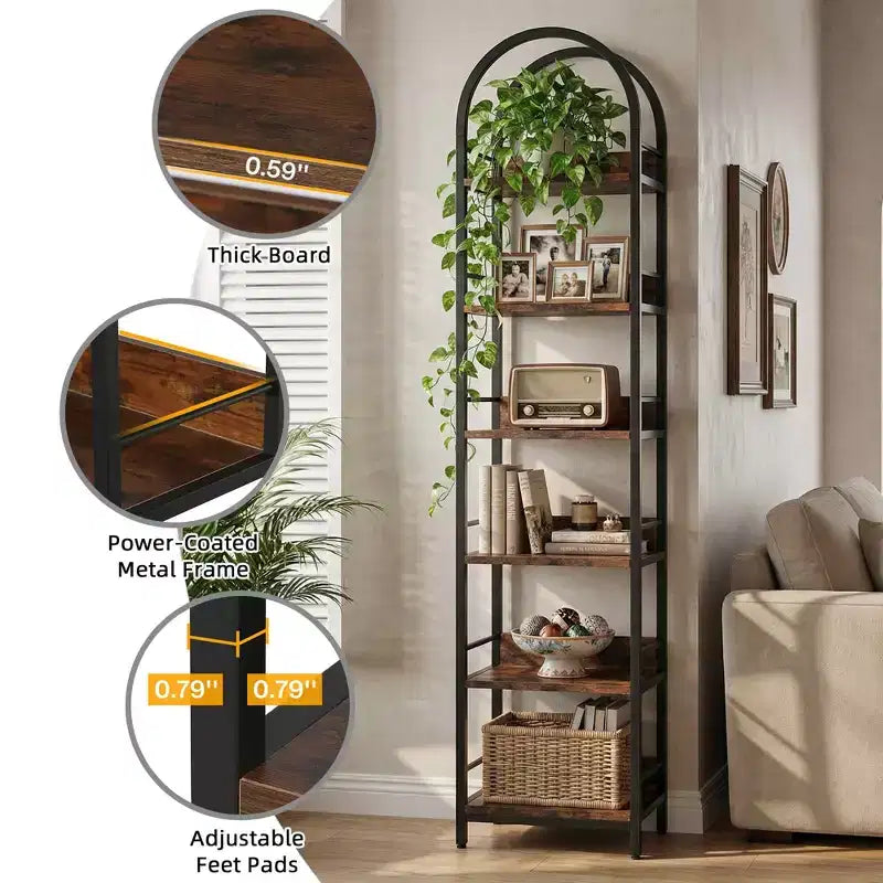 MAYEERTY Libreria angolare ad arco a 6 ripiani, libreria con ripiano superiore curvo alta 200 cm