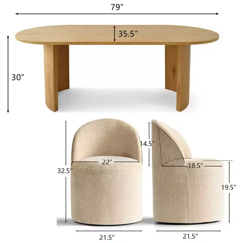 Set da pranzo per 6 persone, tavolo ovale da 79 pollici e sedie a botte senza braccioli in tessuto ciniglia con rotelle, perfette per cucine - Panipeachy