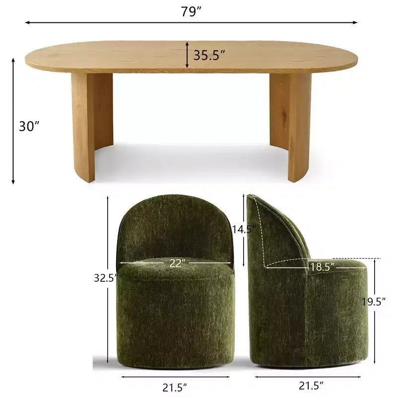 Set da pranzo per 6 persone, tavolo ovale da 79 pollici e sedie a botte senza braccioli in tessuto ciniglia con rotelle, perfette per cucine - Panipeachy