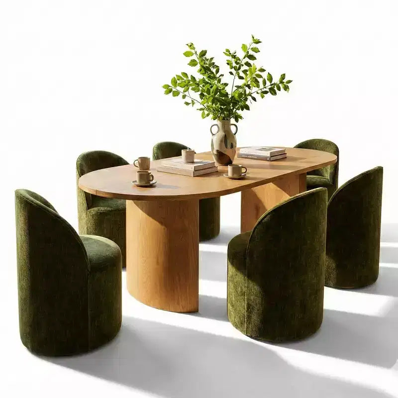 Set da pranzo per 6 persone, tavolo ovale da 79 pollici e sedie a botte senza braccioli in tessuto ciniglia con rotelle, perfette per cucine - Panipeachy