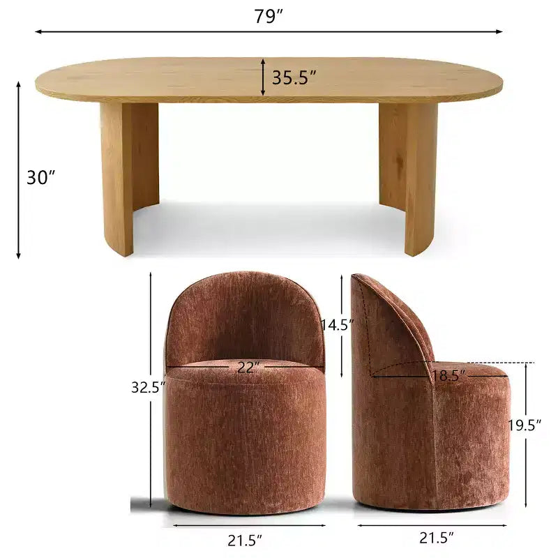 Set da pranzo per 6 persone, tavolo ovale da 79 pollici e sedie a botte senza braccioli in tessuto ciniglia con rotelle, perfette per cucine - Panipeachy