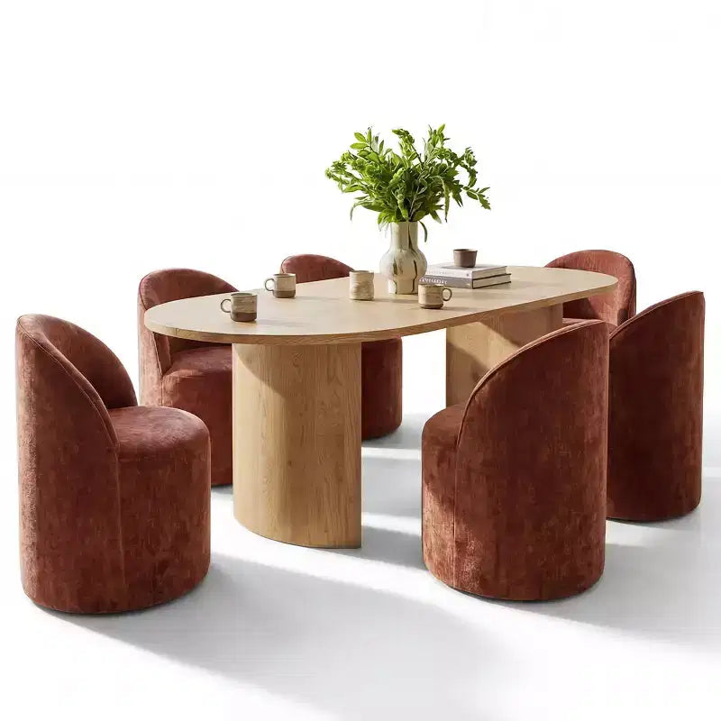 Set da pranzo per 6 persone, tavolo ovale da 79 pollici e sedie a botte senza braccioli in tessuto ciniglia con rotelle, perfette per cucine - Panipeachy