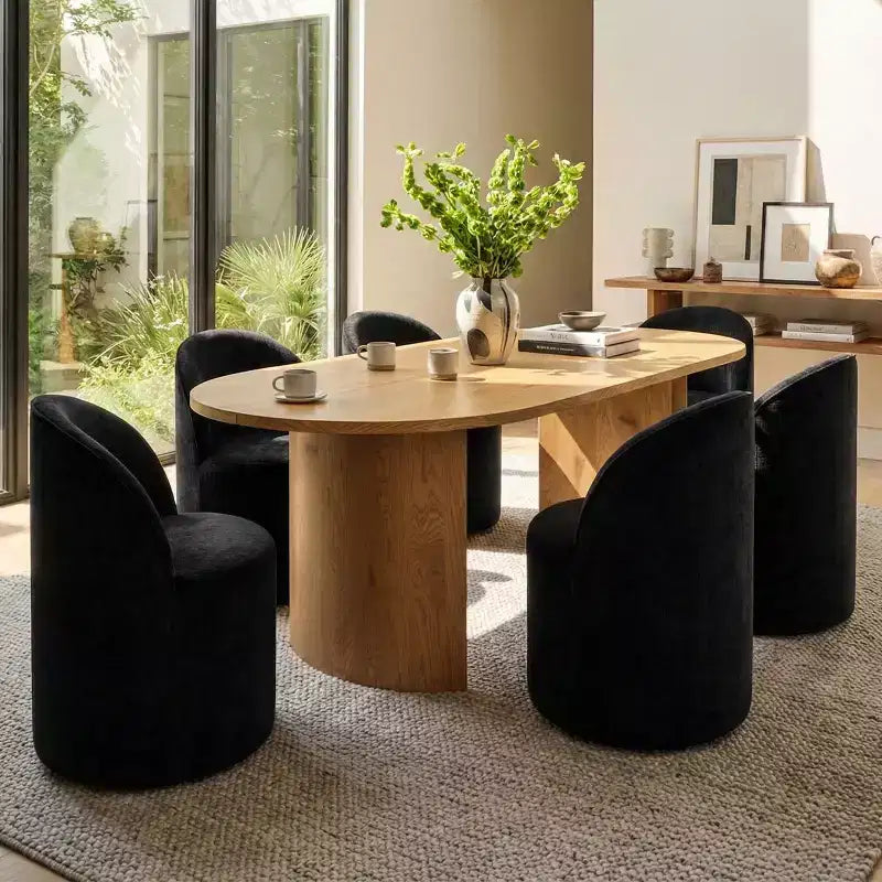 Set da pranzo per 6 persone, tavolo ovale da 79 pollici e sedie a botte senza braccioli in tessuto ciniglia con rotelle, perfette per cucine - Panipeachy