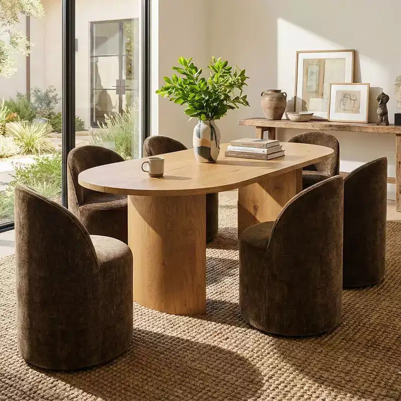 Set da pranzo per 6 persone, tavolo ovale da 79 pollici e sedie a botte senza braccioli in tessuto ciniglia con rotelle, perfette per cucine - Panipeachy