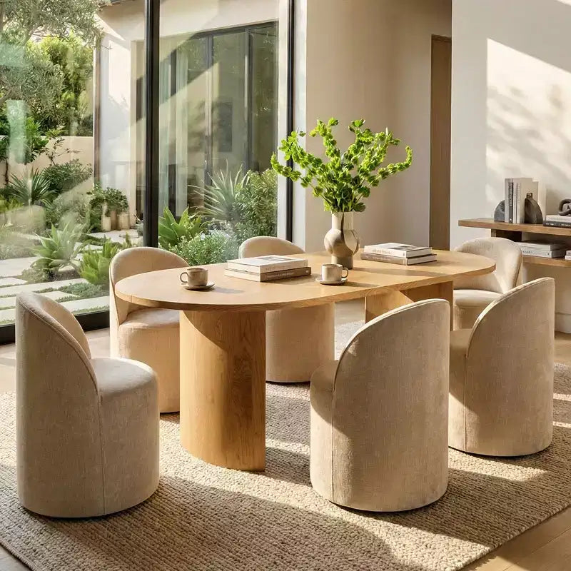 Set da pranzo per 6 persone, tavolo ovale da 79 pollici e sedie a botte senza braccioli in tessuto ciniglia con rotelle, perfette per cucine - Panipeachy