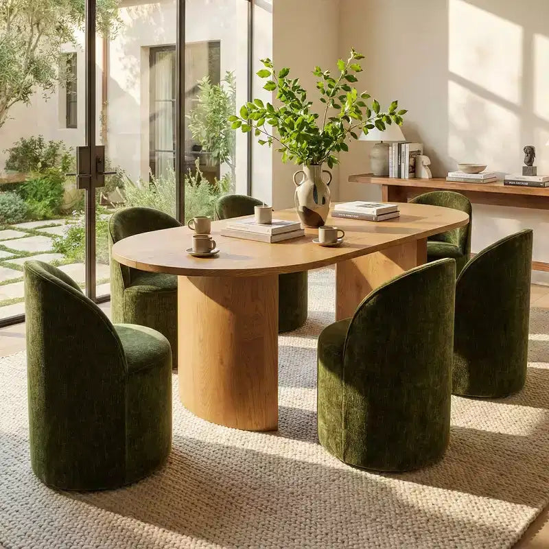 Set da pranzo per 6 persone, tavolo ovale da 79 pollici e sedie a botte senza braccioli in tessuto ciniglia con rotelle, perfette per cucine - Panipeachy
