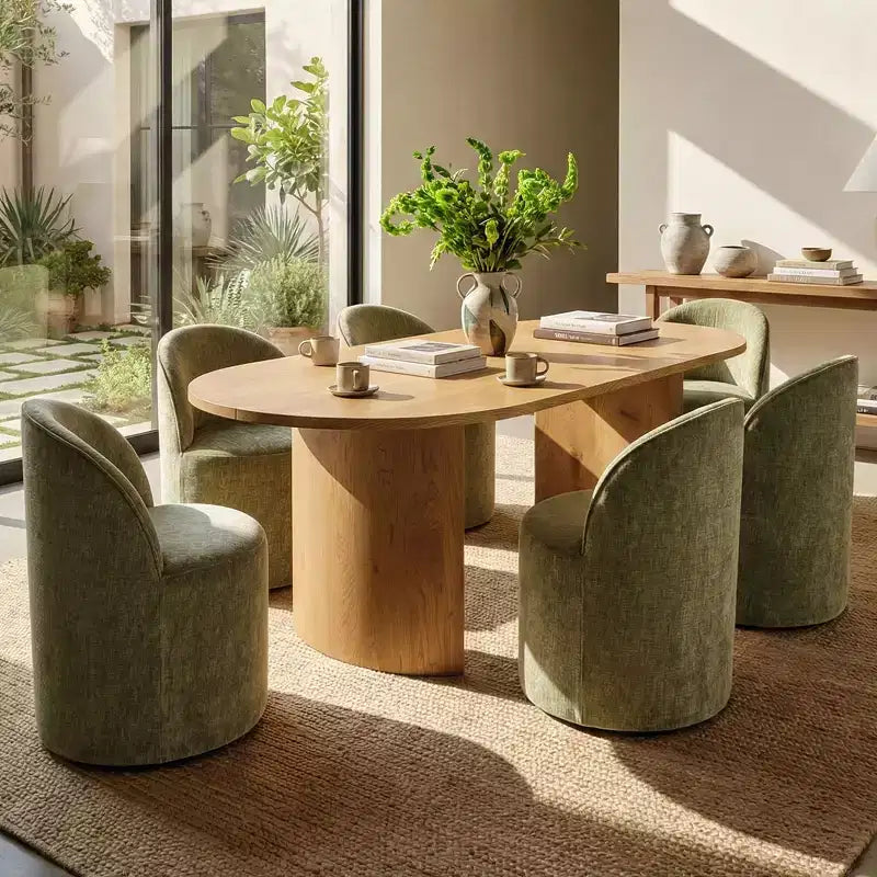 Set da pranzo per 6 persone, tavolo ovale da 79 pollici e sedie a botte senza braccioli in tessuto ciniglia con rotelle, perfette per cucine - Panipeachy