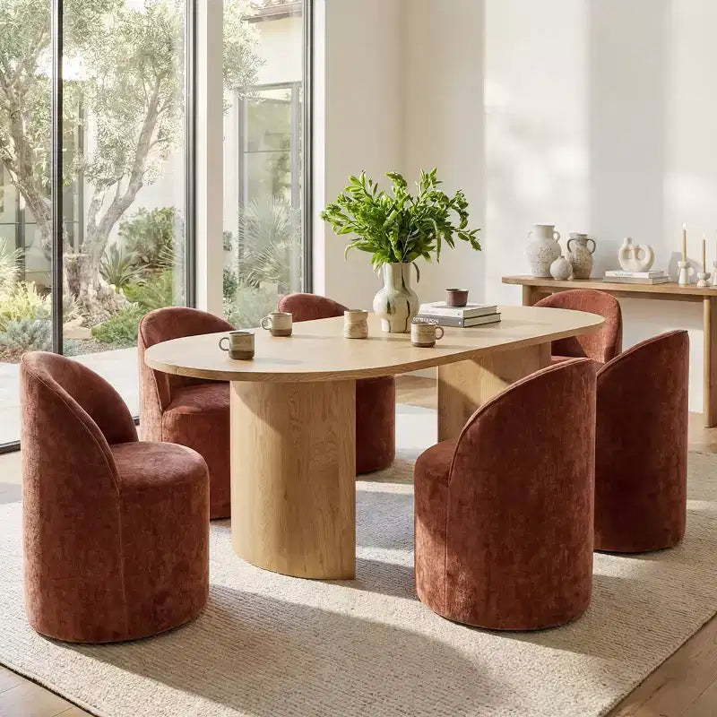 Set da pranzo per 6 persone, tavolo ovale da 79 pollici e sedie a botte senza braccioli in tessuto ciniglia con rotelle, perfette per cucine - Panipeachy