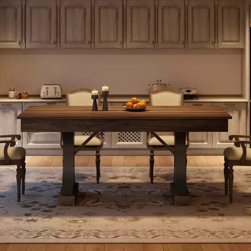 Tavolo da pranzo per 6-8 persone con 2 cassetti, tavolo da cucina in legno con doppio piedistallo e piano grande, tavolo da pranzo rettangolare grande da 2,4 m con struttura robusta