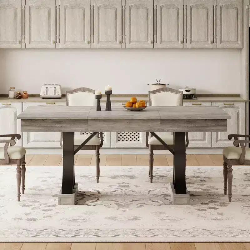 Tavolo da pranzo per 6-8 persone con 2 cassetti, tavolo da cucina in legno con doppio piedistallo e piano grande, tavolo da pranzo rettangolare grande da 2,4 m con struttura robusta