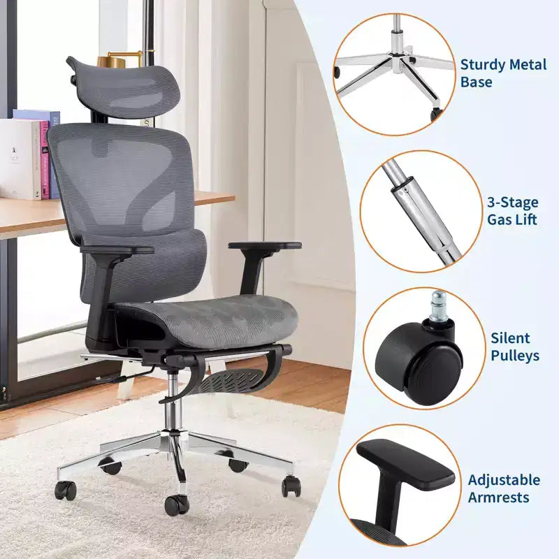 Sedia da Ufficio Ergonomica con Poggiapiedi, Sedia da Scrivania per Computer in Rete con Supporto Lombare, Poggiatesta e Braccioli Regolabili, per Ufficio