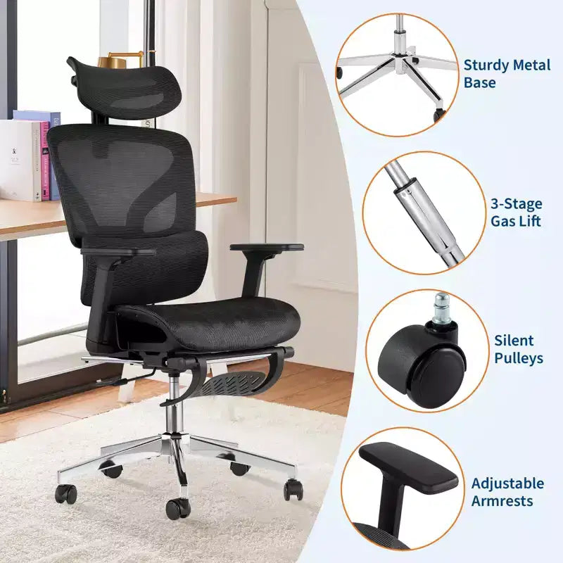 Sedia da Ufficio Ergonomica con Poggiapiedi, Sedia da Scrivania per Computer in Rete con Supporto Lombare, Poggiatesta e Braccioli Regolabili, per Ufficio