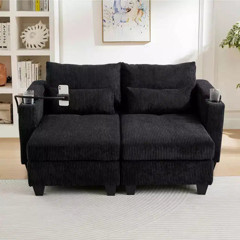MAYEERTY Divano Letto Convertibile Chaise a Due Posti in Velluto a Coste con Porte e Due Portabicchieri per Soggiorno Nero