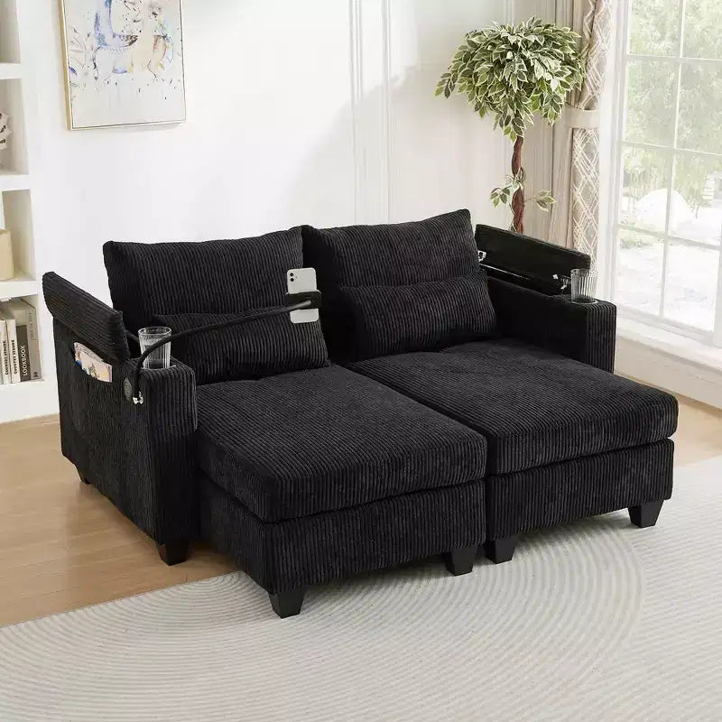 MAYEERTY Divano Letto Convertibile Chaise a Due Posti in Velluto a Coste con Porte e Due Portabicchieri per Soggiorno Nero