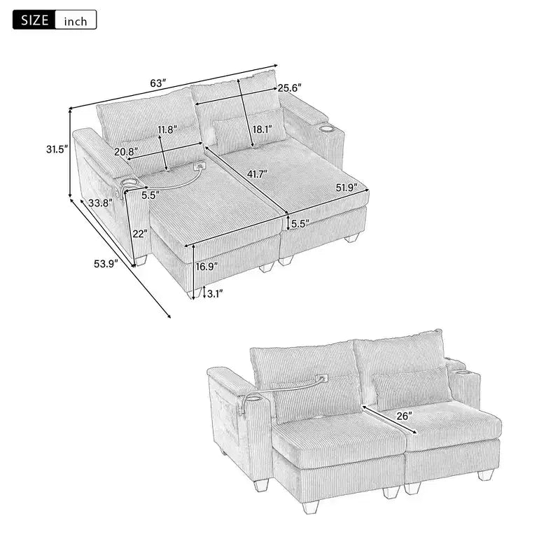MAYEERTY Divano Letto Convertibile Chaise a Due Posti in Velluto a Coste con Porte e Due Portabicchieri per Soggiorno Nero