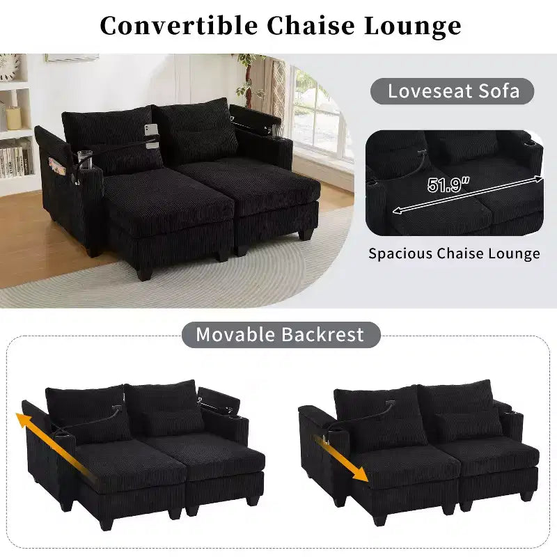 MAYEERTY Divano Letto Convertibile Chaise a Due Posti in Velluto a Coste con Porte e Due Portabicchieri per Soggiorno Nero