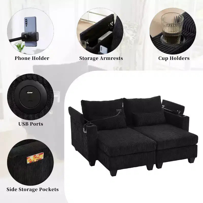 MAYEERTY Divano Letto Convertibile Chaise a Due Posti in Velluto a Coste con Porte e Due Portabicchieri per Soggiorno Nero