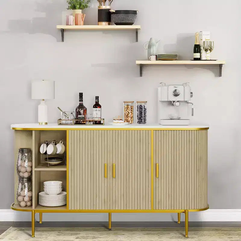 Madia Credenza da 150 cm con Ante Scanalate, Mobile Console con Gambe in Metallo, Piano Effetto Marmo, Mobile Moderno di Metà Secolo per Sala da Pranzo