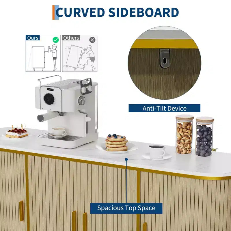 Madia Credenza da 150 cm con Ante Scanalate, Mobile Console con Gambe in Metallo, Piano Effetto Marmo, Mobile Moderno di Metà Secolo per Sala da Pranzo