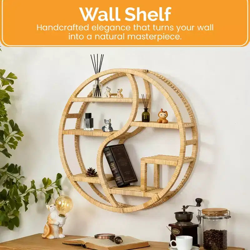 Vintiquewise Scaffale a parete rotondo in bambù con espositore a 3 livelli in legno, scaffale sospeso circolare Boho per soggiorno, camera da letto e decorazioni per la casa
