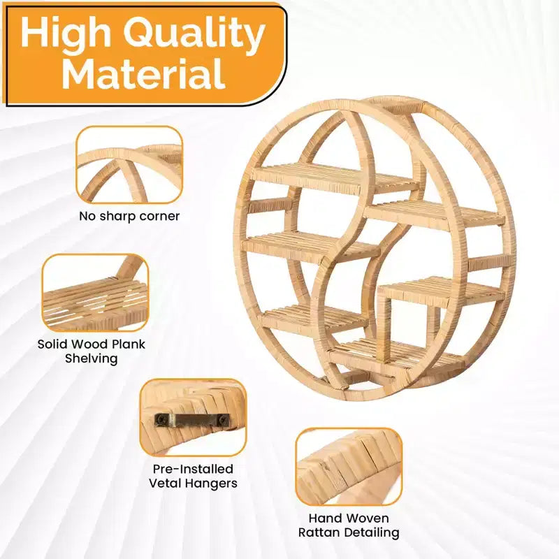 Vintiquewise Scaffale a parete rotondo in bambù con espositore a 3 livelli in legno, scaffale sospeso circolare Boho per soggiorno, camera da letto e decorazioni per la casa