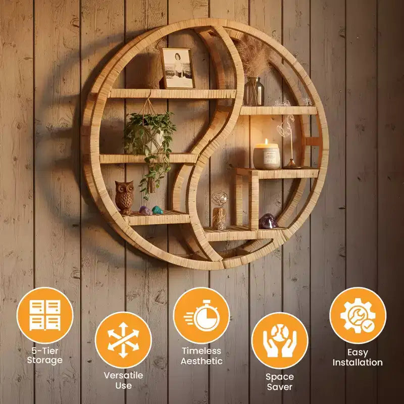 Vintiquewise Scaffale a parete rotondo in bambù con espositore a 3 livelli in legno, scaffale sospeso circolare Boho per soggiorno, camera da letto e decorazioni per la casa