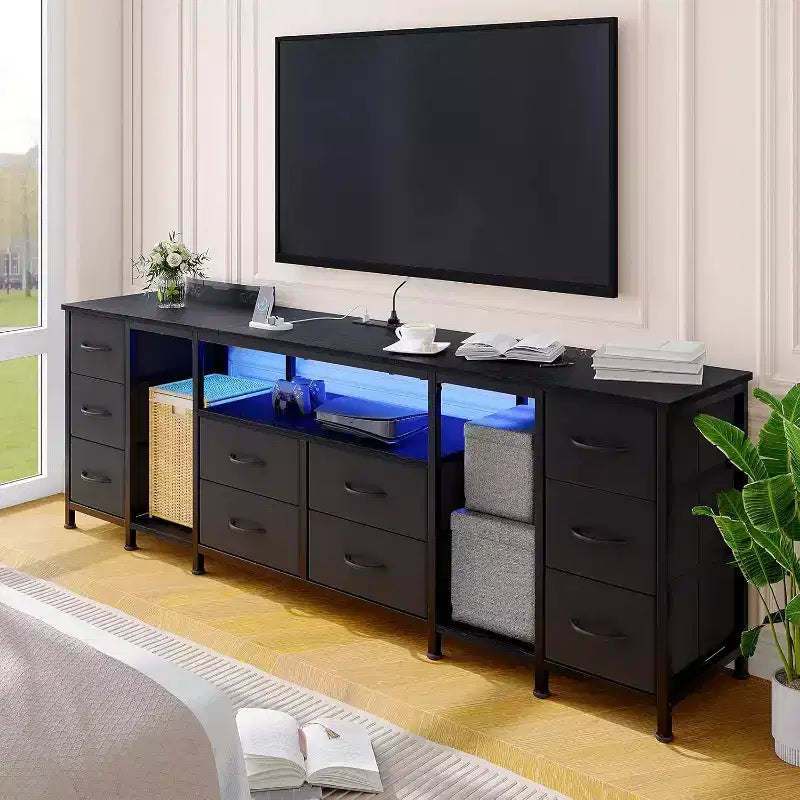 Cassettiera a 10 cassetti, mobile TV con cassetti in tessuto per TV da 75 70 65 pollici, tavolo consolle TV con ripiani a giorno per soggiorno, camera da letto,