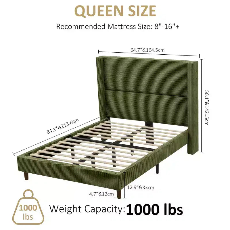 Dyonery Letto Imbottito Queen con Testiera ad Ala Alta 130 cm, Gambe in Legno Massello, Nessuna Rete a Molle Necessaria, Lino Beige, Stile Moderno