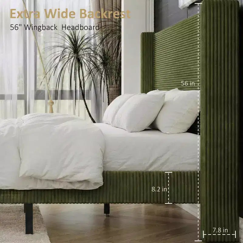Dyonery Letto Imbottito Queen con Testiera ad Ala Alta 130 cm, Gambe in Legno Massello, Nessuna Rete a Molle Necessaria, Lino Beige, Stile Moderno