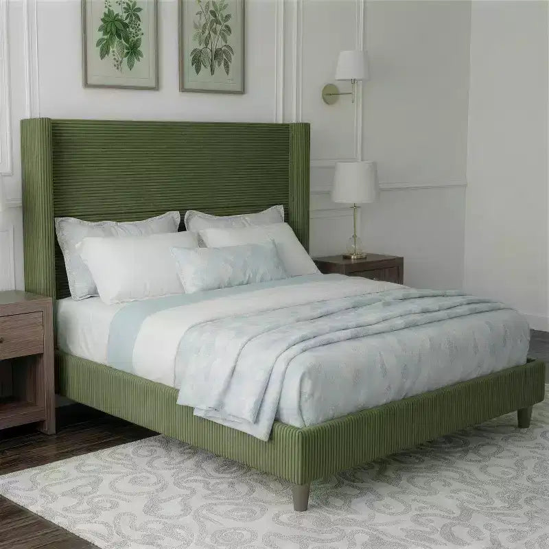 Dyonery Letto Imbottito Queen con Testiera ad Ala Alta 130 cm, Gambe in Legno Massello, Nessuna Rete a Molle Necessaria, Lino Beige, Stile Moderno
