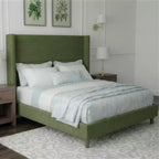 Dyonery Letto Imbottito Queen con Testiera ad Ala Alta 130 cm, Gambe in Legno Massello, Nessuna Rete a Molle Necessaria, Lino Beige, Stile Moderno