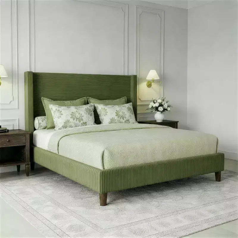 Dyonery Letto Imbottito Queen con Testiera ad Ala Alta 130 cm, Gambe in Legno Massello, Nessuna Rete a Molle Necessaria, Lino Beige, Stile Moderno