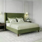 Dyonery Letto Imbottito Queen con Testiera ad Ala Alta 130 cm, Gambe in Legno Massello, Nessuna Rete a Molle Necessaria, Lino Beige, Stile Moderno