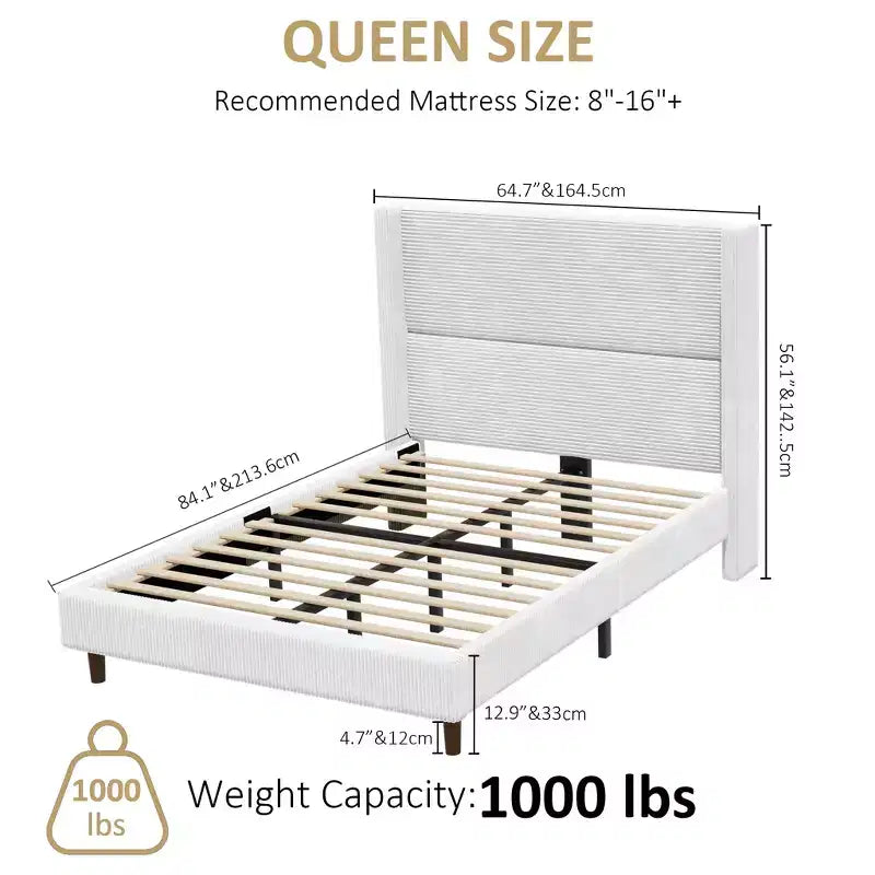 Dyonery Letto Imbottito Queen con Testiera ad Ala Alta 130 cm, Gambe in Legno Massello, Nessuna Rete a Molle Necessaria, Lino Beige, Stile Moderno