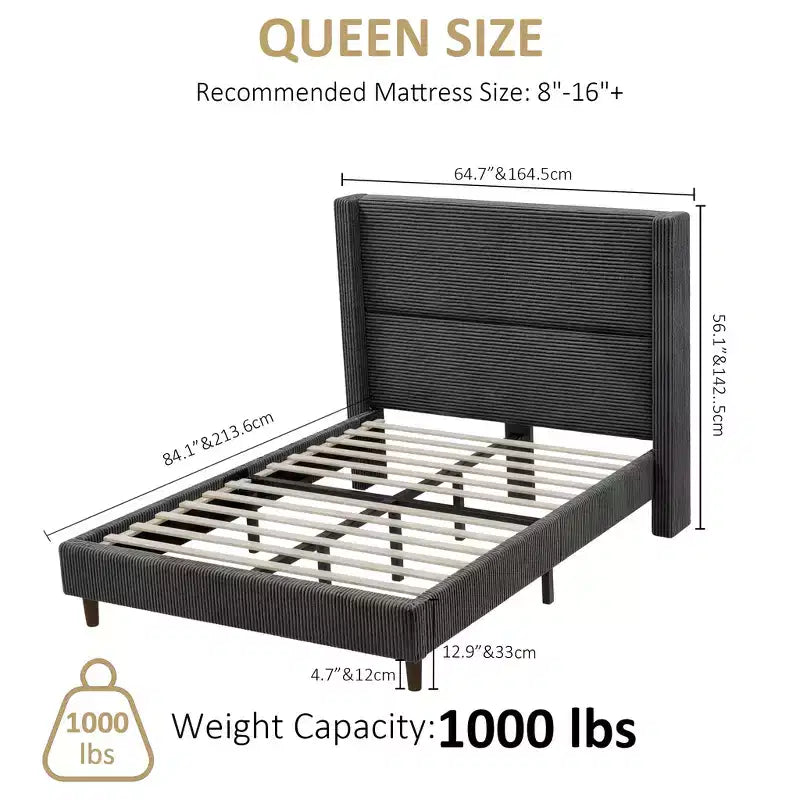 Dyonery Letto Imbottito Queen con Testiera ad Ala Alta 130 cm, Gambe in Legno Massello, Nessuna Rete a Molle Necessaria, Lino Beige, Stile Moderno