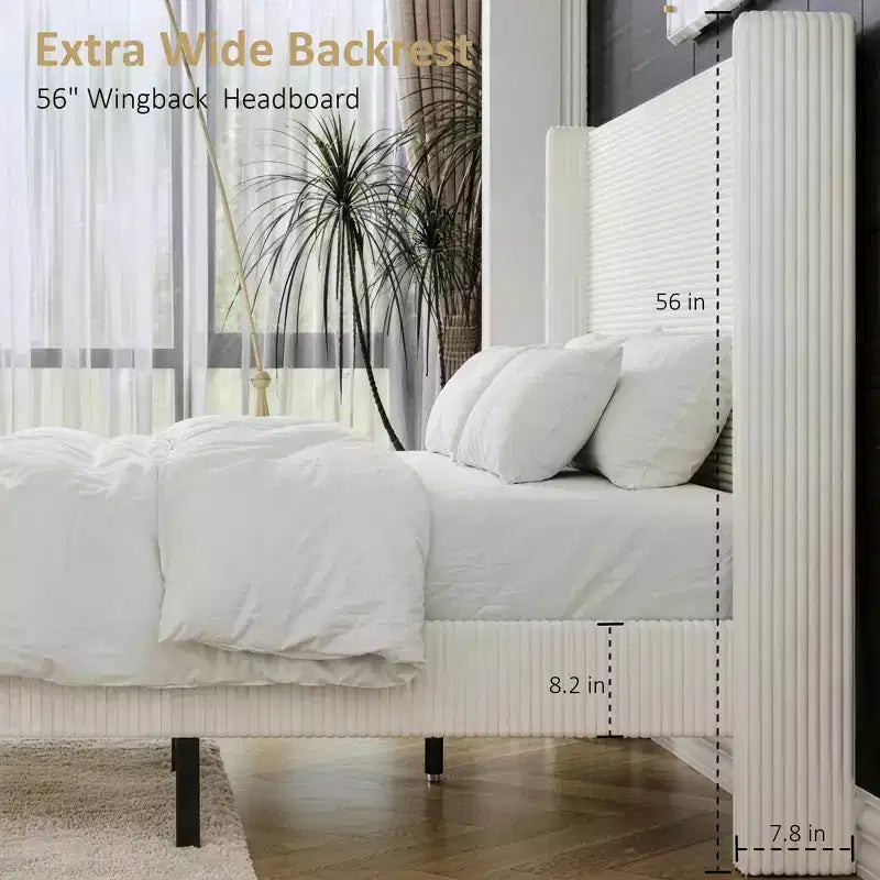 Dyonery Letto Imbottito Queen con Testiera ad Ala Alta 130 cm, Gambe in Legno Massello, Nessuna Rete a Molle Necessaria, Lino Beige, Stile Moderno