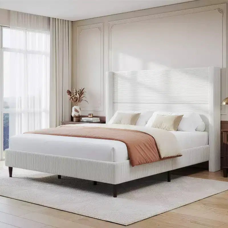Dyonery Letto Imbottito Queen con Testiera ad Ala Alta 130 cm, Gambe in Legno Massello, Nessuna Rete a Molle Necessaria, Lino Beige, Stile Moderno
