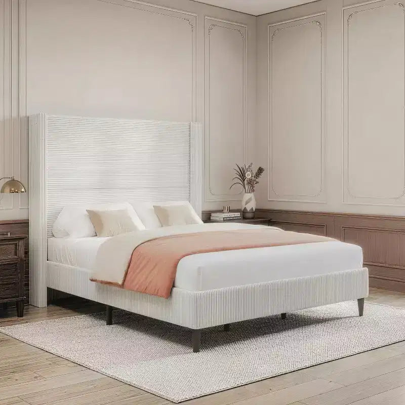 Dyonery Letto Imbottito Queen con Testiera ad Ala Alta 130 cm, Gambe in Legno Massello, Nessuna Rete a Molle Necessaria, Lino Beige, Stile Moderno