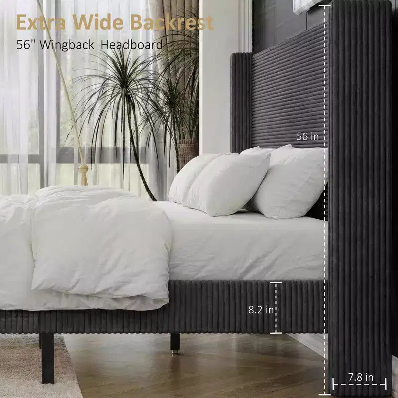 Dyonery Letto Imbottito Queen con Testiera ad Ala Alta 130 cm, Gambe in Legno Massello, Nessuna Rete a Molle Necessaria, Lino Beige, Stile Moderno