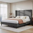 Dyonery Letto Imbottito Queen con Testiera ad Ala Alta 130 cm, Gambe in Legno Massello, Nessuna Rete a Molle Necessaria, Lino Beige, Stile Moderno