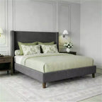 Dyonery Letto Imbottito Queen con Testiera ad Ala Alta 130 cm, Gambe in Legno Massello, Nessuna Rete a Molle Necessaria, Lino Beige, Stile Moderno