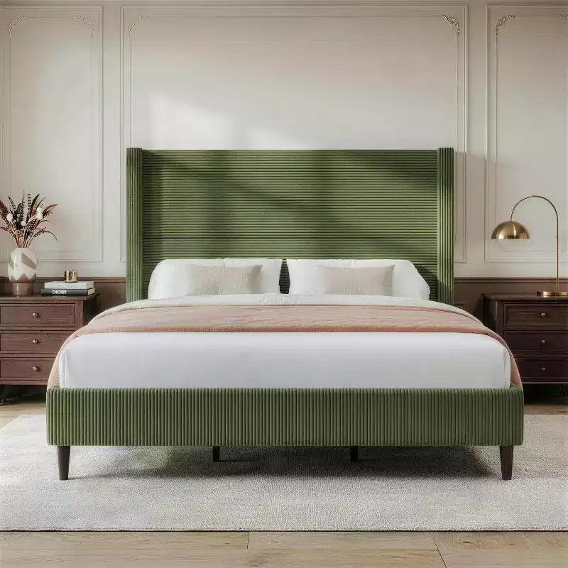 Dyonery Letto Imbottito Queen con Testiera ad Ala Alta 130 cm, Gambe in Legno Massello, Nessuna Rete a Molle Necessaria, Lino Beige, Stile Moderno