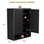 Scarpiera, Armadio da ingresso 2 pezzi, Mobile in legno nero alto 160 cm, Ante a griglia scanalate, Ripiani regolabili, Contiene 50-60 paia