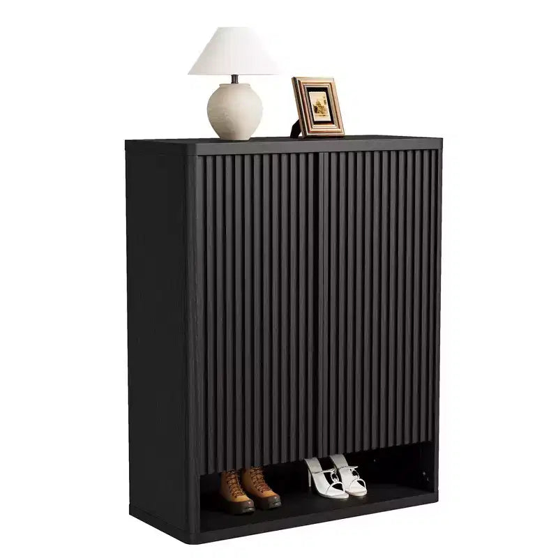 Scarpiera, Armadio da ingresso 2 pezzi, Mobile in legno nero alto 160 cm, Ante a griglia scanalate, Ripiani regolabili, Contiene 50-60 paia